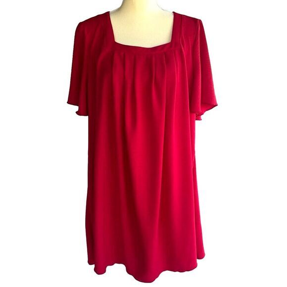 SHEIN CURVE VCAY Plus 1XL Square Neck Plicated Detail Dress Red Brand New - Picture 2 of 16